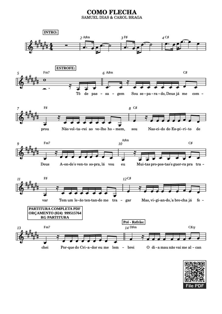 Page 1 of the piano sheet music PDF – COMO FLECHA SAMUEL DIAS & CAROL BRAGA Piano by Reuben Morgan / Ben Fielding