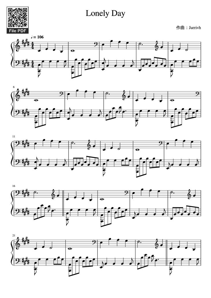 Page 1 of the piano sheet music PDF Piano – Lonely Day Piano by Jurrivh