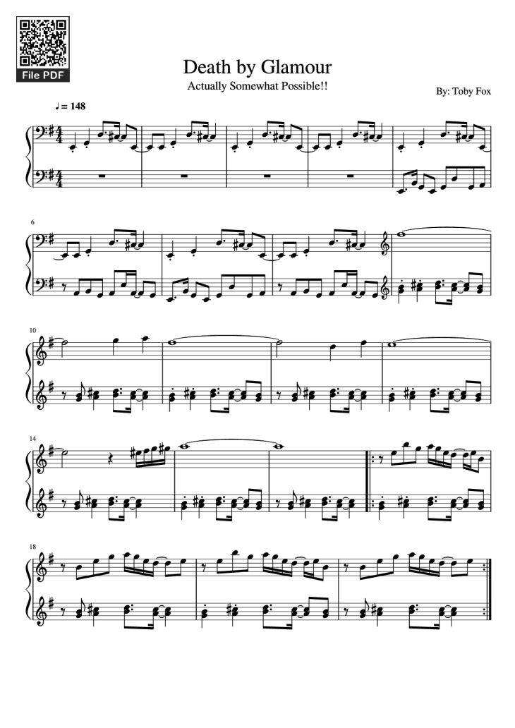Page 1 of the piano sheet music PDF Piano – Death by Glamour Piano by By: Toby Fox