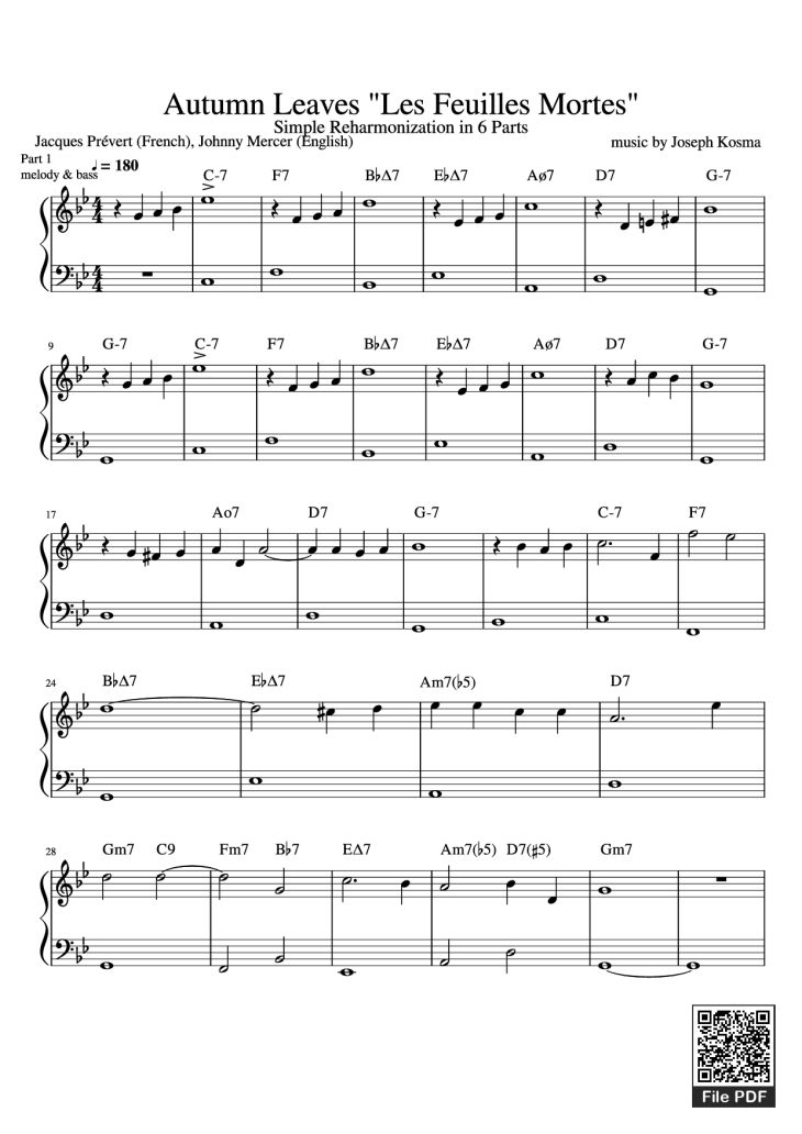 Page 1 of the piano sheet music PDF Piano – Autumn Leaves Piano Easy by Joseph Kosma