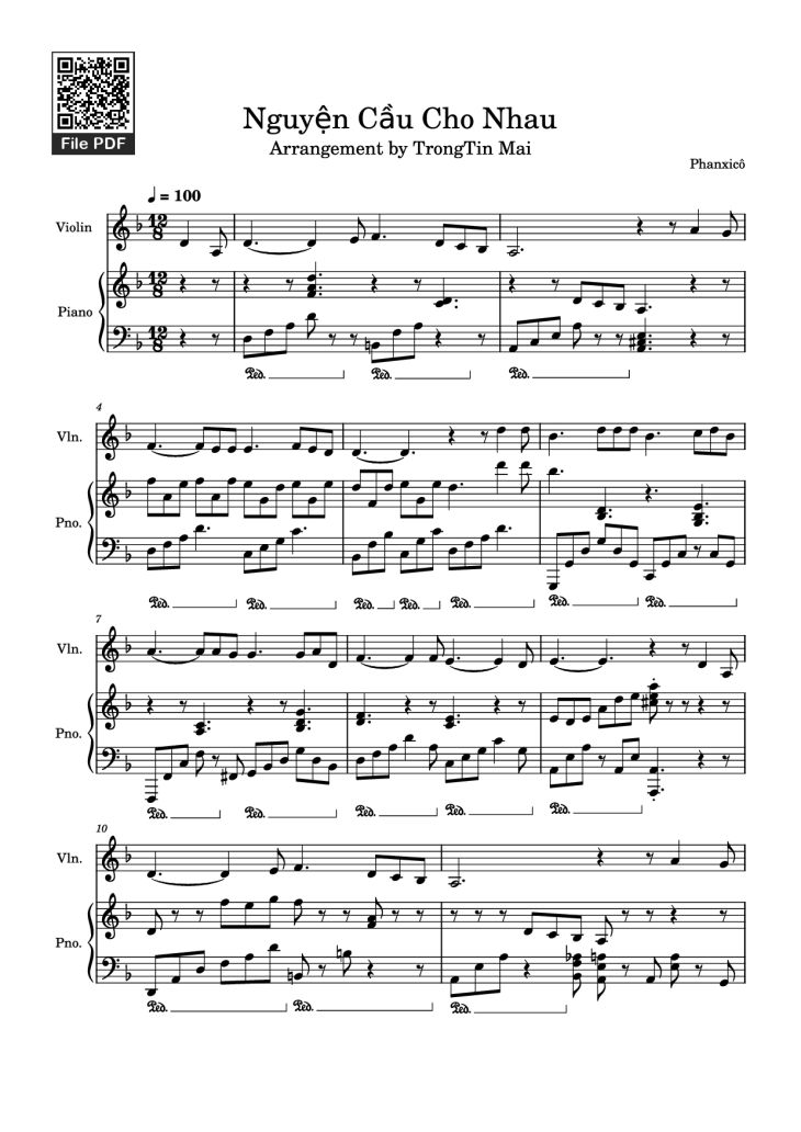 Page 1 of the piano sheet music PDF Piano – Nguyện Cầu Cho Nhau (đệm hát Piano Violin) by Phanxicô