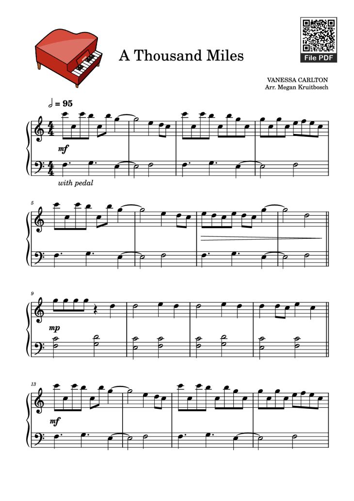 Page 1 of the piano sheet music PDF Piano – A Thousand Miles Piano by VANESSA CARLTON
