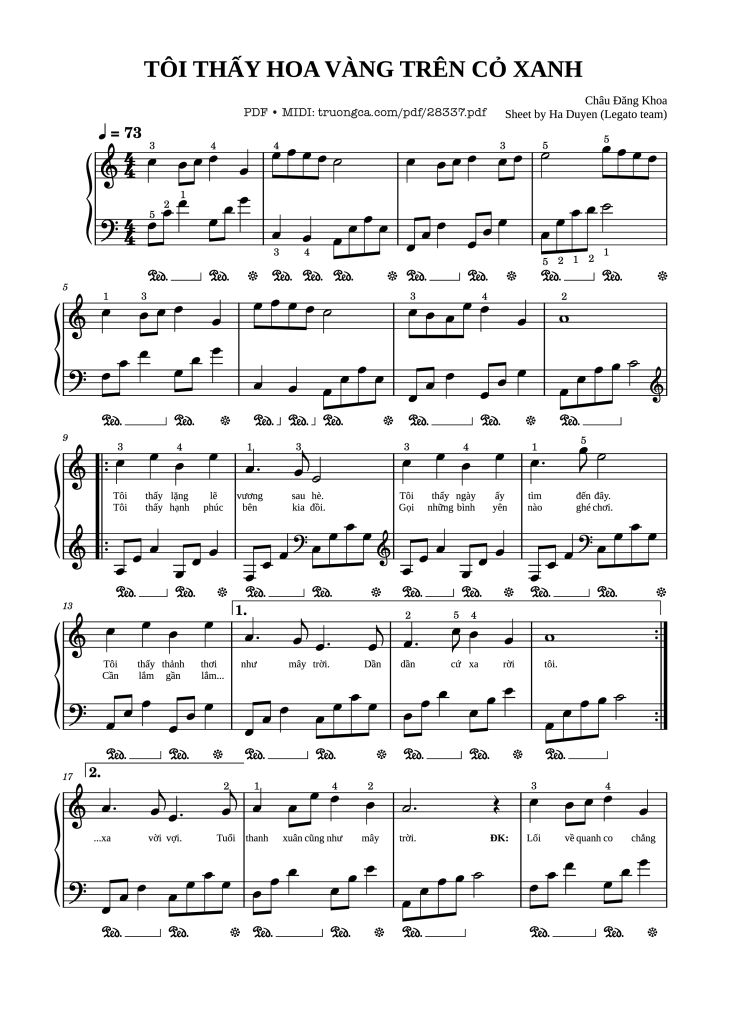 Page 1 of the piano sheet music PDF Piano – Tôi thấy hoa vàng trên cỏ xanh Piano by Châu Đăng Khoa, Legato team