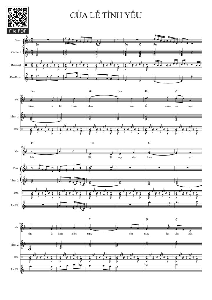 Page 1 of the piano sheet music PDF Piano – Của lễ tình yêu Piano Violin hợp xướng by Viết Chung