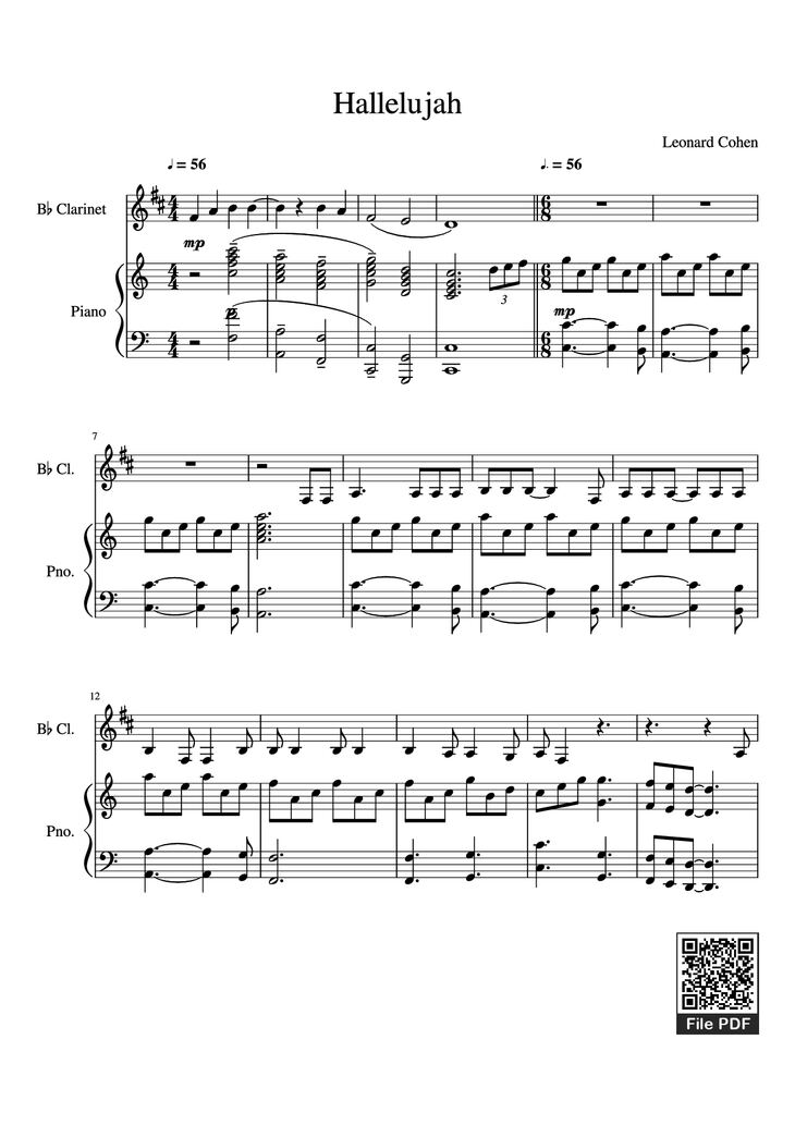 Page 1 of the piano sheet music PDF Piano – Hallelujah Piano by Leonard Cohen