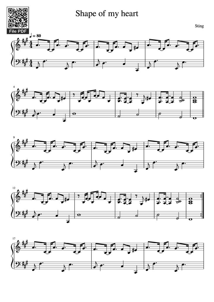 Page 1 of the piano sheet music PDF Piano – Shape of my heart Piano by Sting