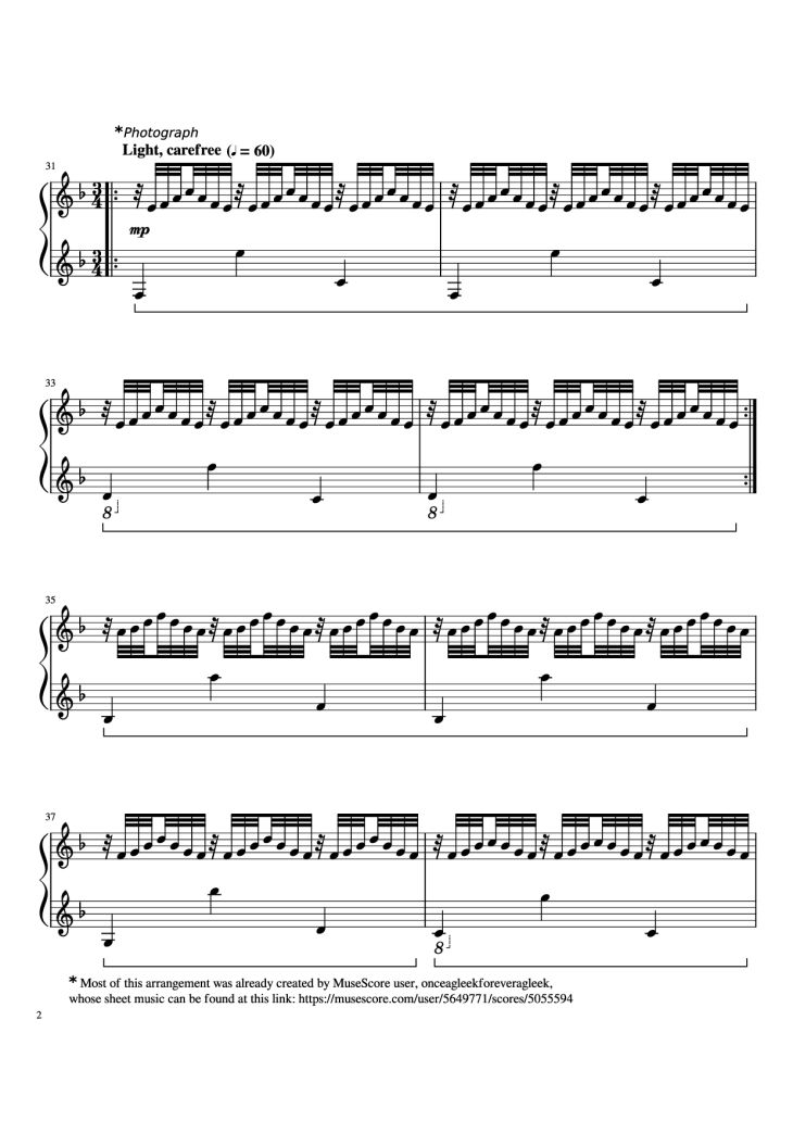 Page 2 of the piano sheet music PDF Piano – Song on the Beach & Photograph Piano by Composed by William Butler and