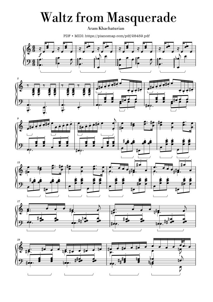 Page 1 of the piano sheet music PDF – Waltz from Masquerade Piano by Khachaturian Trio