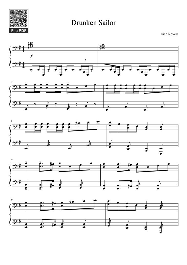 Page 1 of the piano sheet music PDF – Drunken Sailor Piano by Irish Rovers