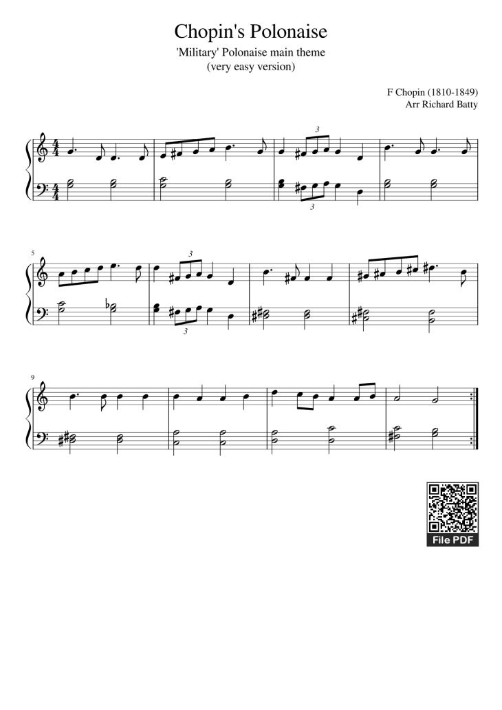 Page 1 of the piano sheet music PDF – Polonaise Military (Easy) by Frédéric Chopin