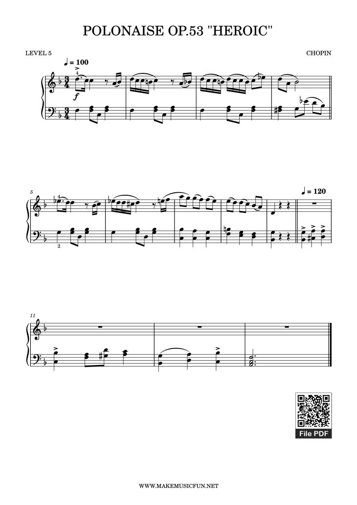 Page 1 of the piano sheet music PDF – Polonaise Heroic (Easy) by Frédéric Chopin