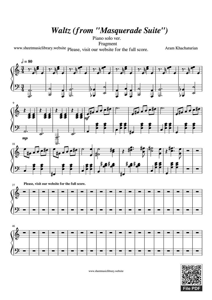 Page 1 of the piano sheet music PDF Piano – Waltz (from Masquerade Suite) Piano by Aram Khachaturian