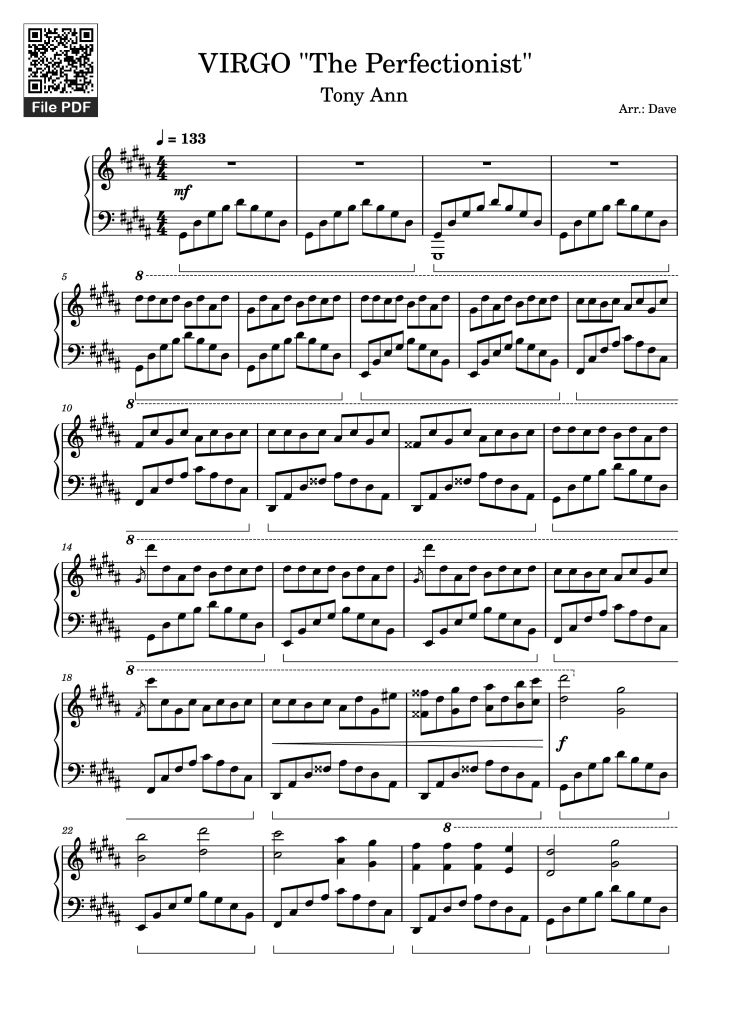 Page 1 of the piano sheet music PDF Piano – VIRGO The Perfectionist Piano by Arr.: Dave