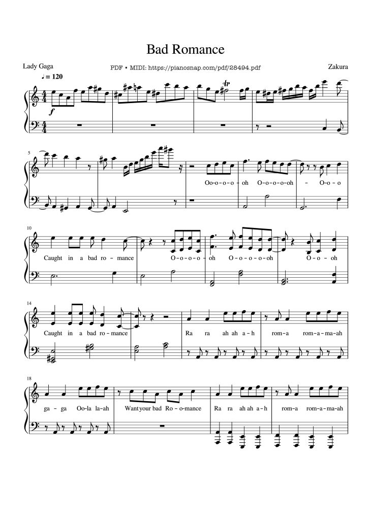 Page 1 of the piano sheet music PDF Piano – Bad Romance - Lady Gaga Piano by Zakura