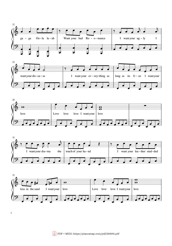 Page 2 of the piano sheet music PDF Piano – Bad Romance - Lady Gaga Piano by Zakura
