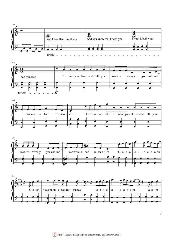 Page 3 of the piano sheet music PDF Piano – Bad Romance - Lady Gaga Piano by Zakura