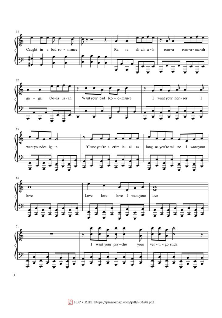 Page 4 of the piano sheet music PDF Piano – Bad Romance - Lady Gaga Piano by Zakura