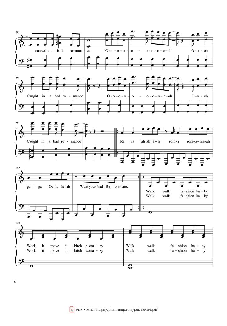 Page 6 of the piano sheet music PDF Piano – Bad Romance - Lady Gaga Piano by Zakura