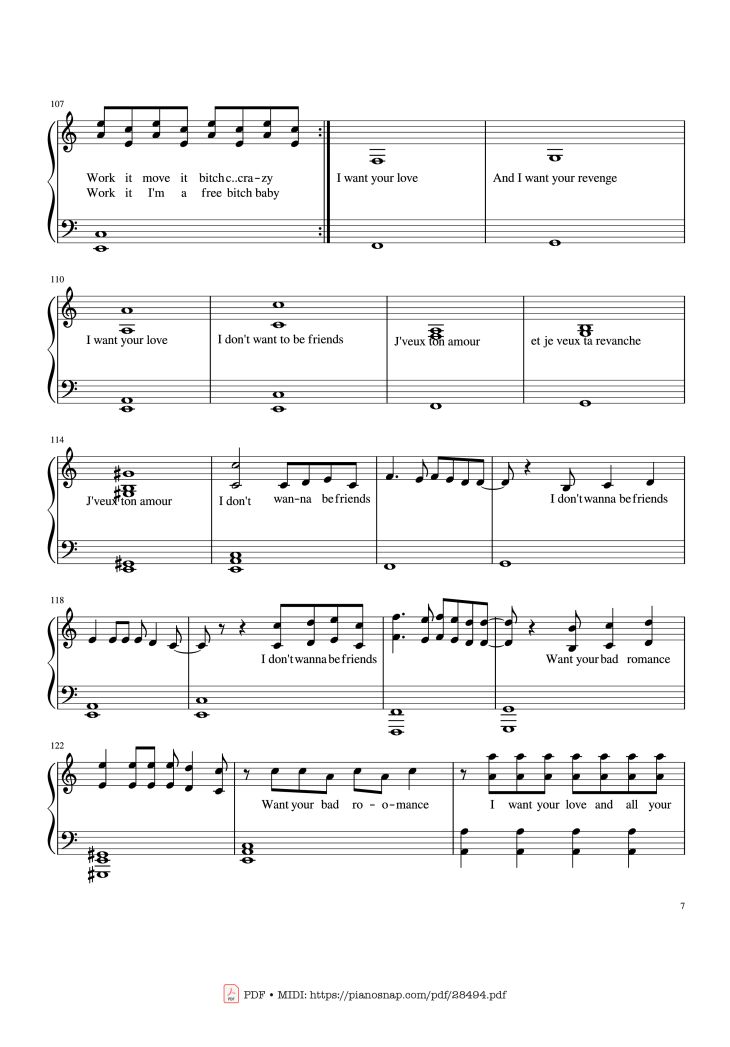Page 7 of the piano sheet music PDF Piano – Bad Romance - Lady Gaga Piano by Zakura