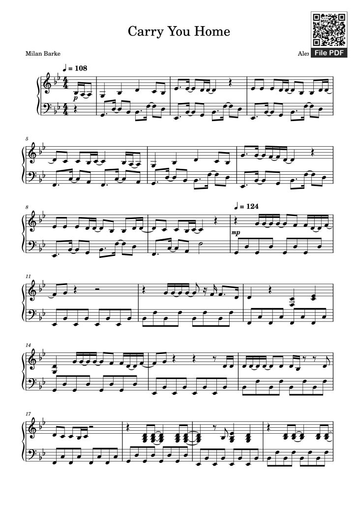Page 1 of the piano sheet music PDF Piano – Carry You Home Piano by Alex Warren