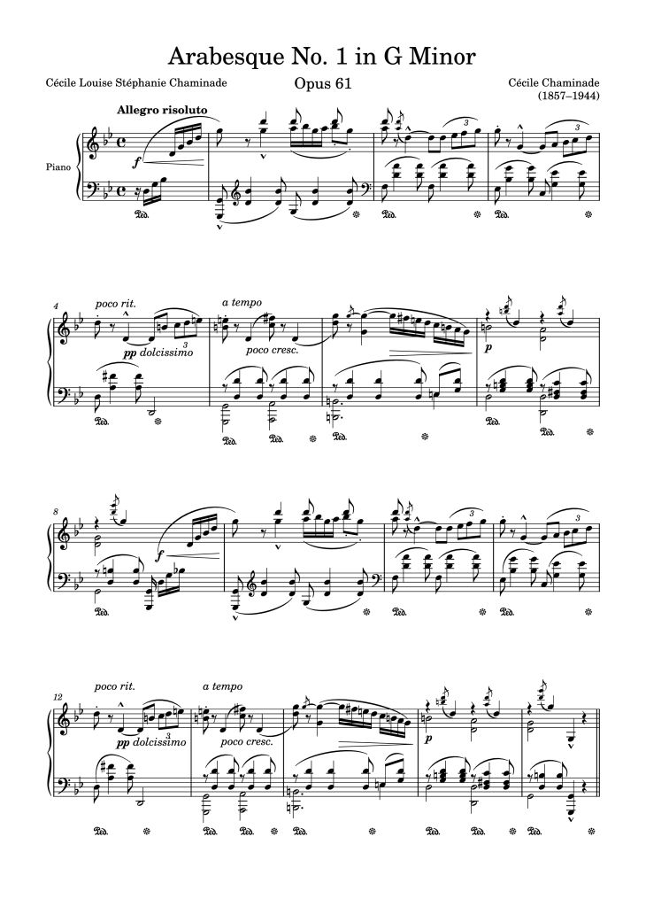Page 1 of the piano sheet music PDF Piano – Arabesque No. 1 in G Minor Piano by Cécile Chaminade