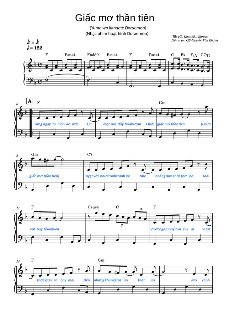 Page 1 of the piano sheet music PDF Piano – Giấc Mơ Thần Tiên (Doraemon OST) Piano by Katsuhiko Kurosu