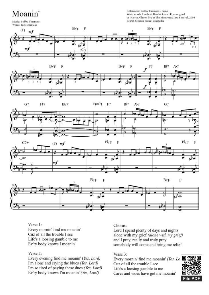 Page 1 of the piano sheet music PDF Piano – Moanin Piano by Bobby Timmons