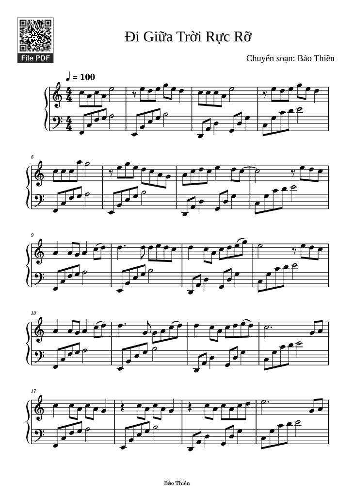 Page 1 of the piano sheet music PDF Piano – Đi Giữa Trời Rực Rỡ Piano (Dễ) by Ngô Lan Hương