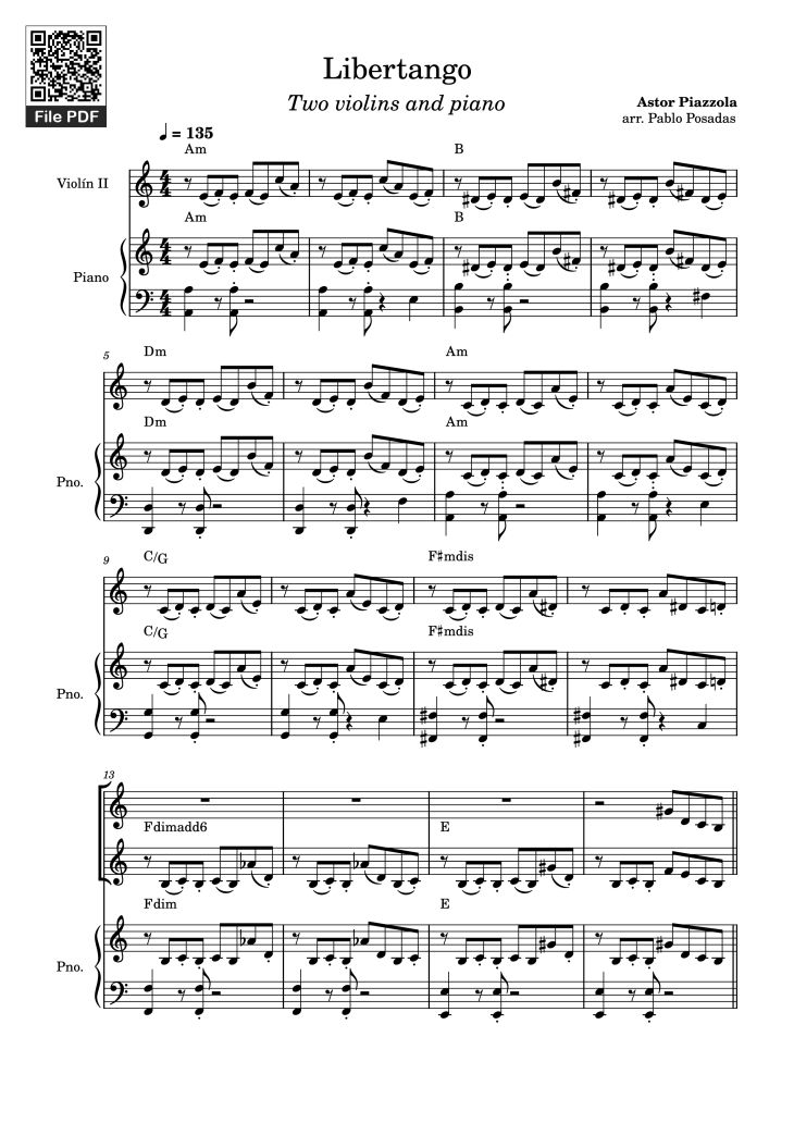 Page 1 of the piano sheet music PDF Piano – Libertango Piano vs 2 violins by Astor Piazzola