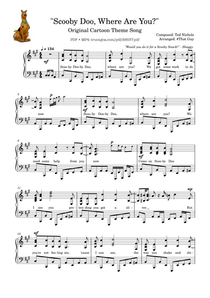 Page 1 of the piano sheet music PDF Piano – Scooby Doo, Where Are You? Piano by Composed: Ted Nichols