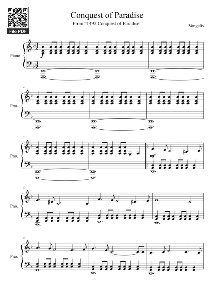 Page 1 of the piano sheet music PDF Piano – Conquest of Paradise Piano by Vangelis