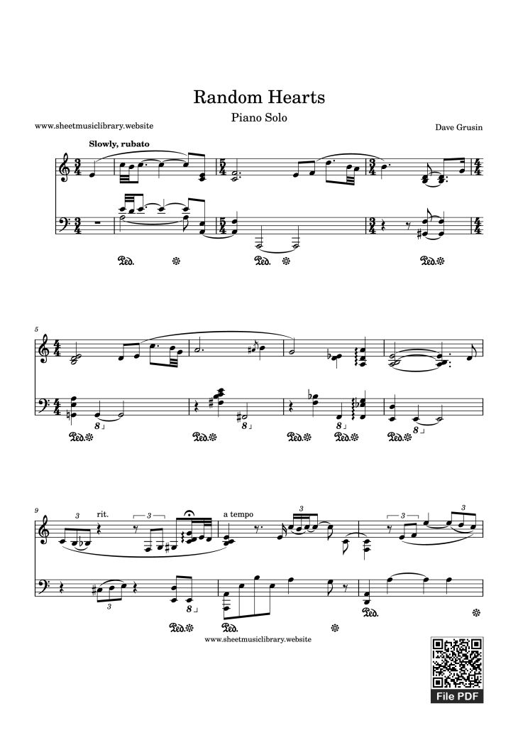 Page 1 of the piano sheet music PDF Piano – Random Hearts Piano by Dave Grusin