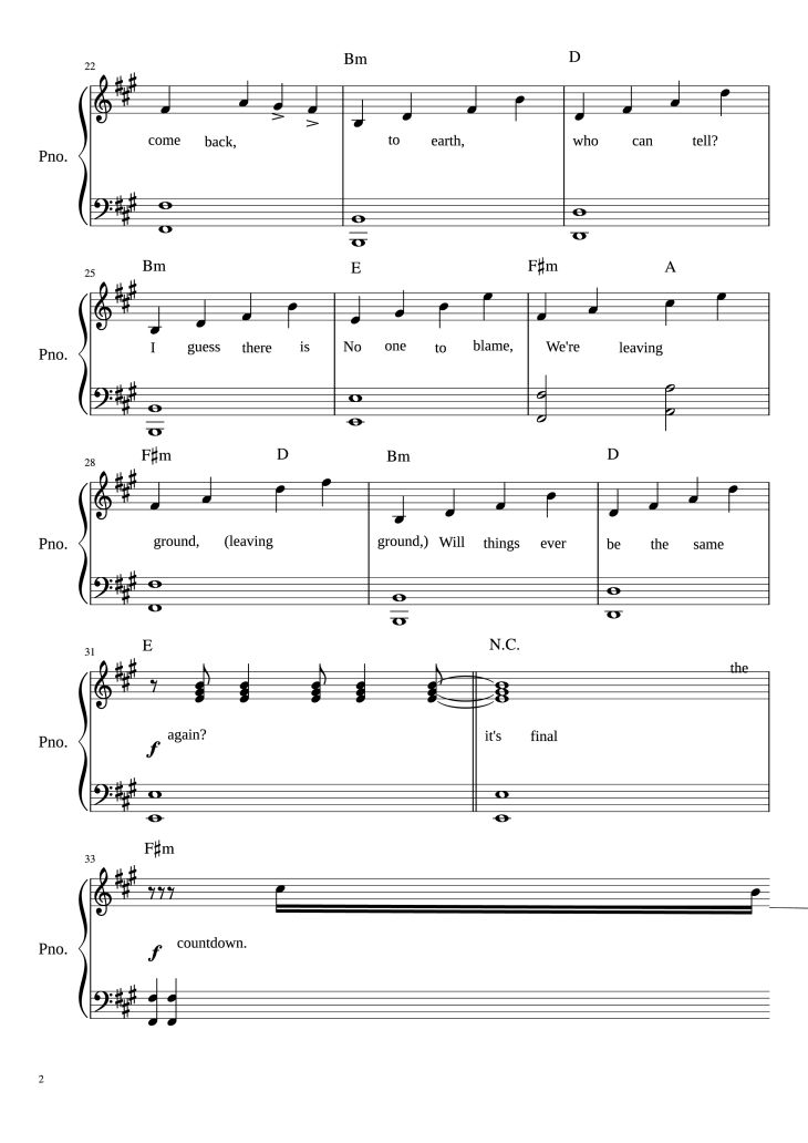 Page 2 of the piano sheet music PDF Piano – The Final Countdown Piano by ARRANGED BY MICHAEL FENU EUROPE