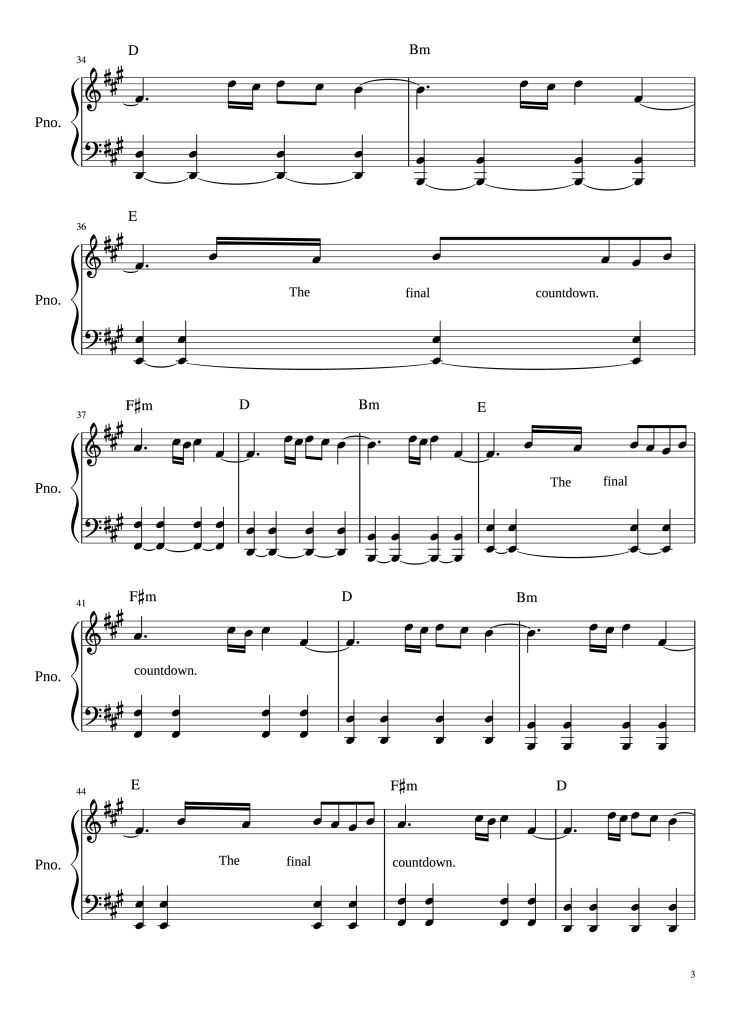 Page 3 of the piano sheet music PDF Piano – The Final Countdown Piano by ARRANGED BY MICHAEL FENU EUROPE