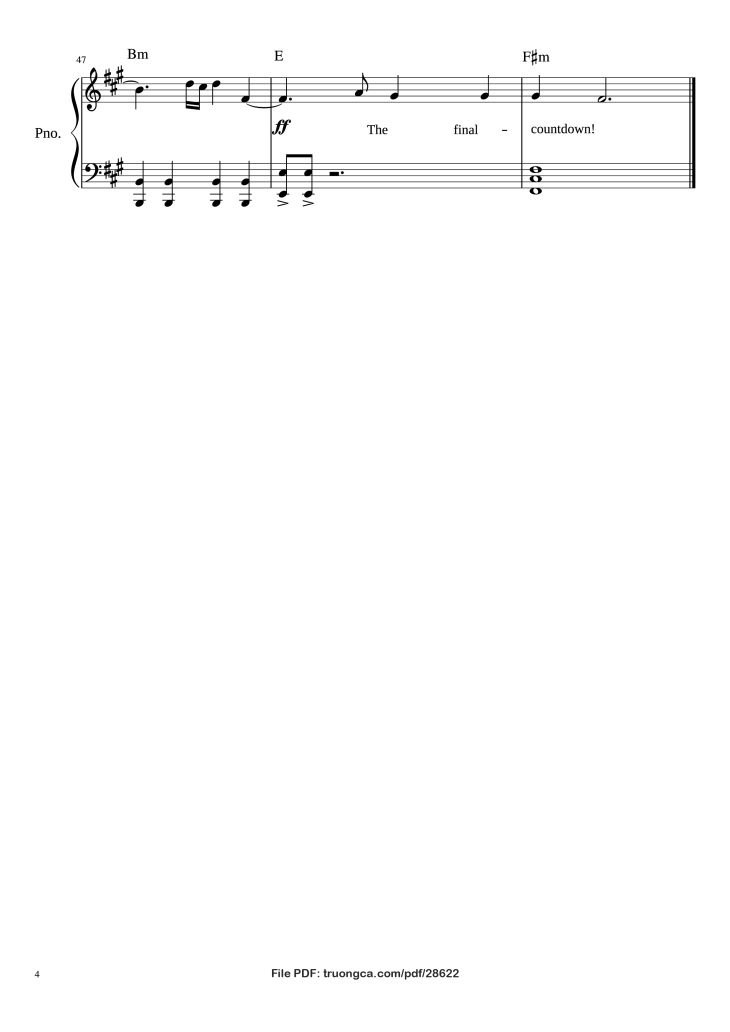 Page 4 of the piano sheet music PDF Piano – The Final Countdown Piano by ARRANGED BY MICHAEL FENU EUROPE