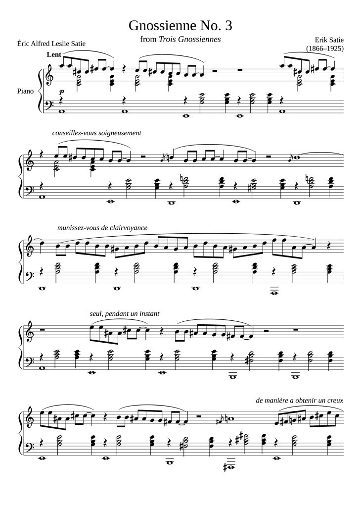 Page 1 of the piano sheet music PDF Piano – Gnossienne No. 3 by Erik Satie