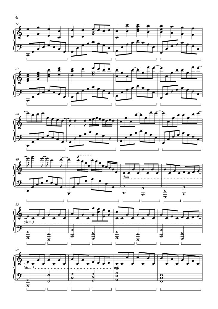 Page 4 of the piano sheet music PDF Piano – FOUR LETTERS Piano by Arr.: Dave