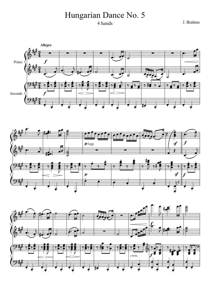 Page 1 of the piano sheet music PDF Piano – Hungarian Dance No. 5 (4 hands Piano) by Johannes Brahms