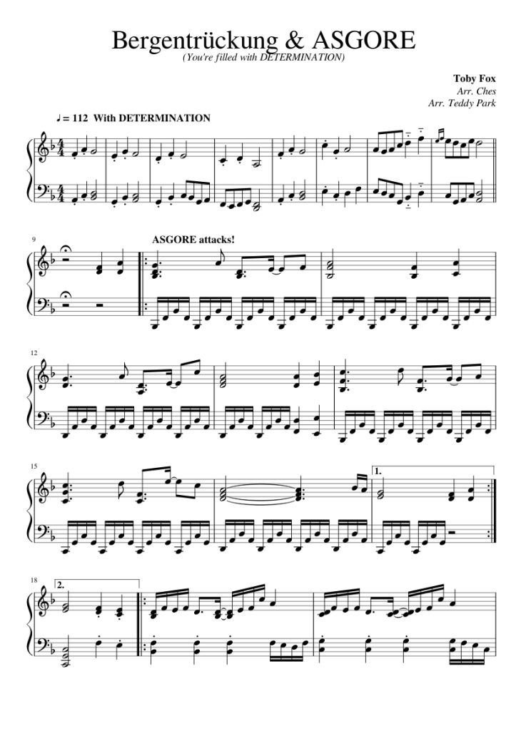 Page 1 of the piano sheet music PDF Piano – Bergentrückung & ASGORE Piano by Toby Fox