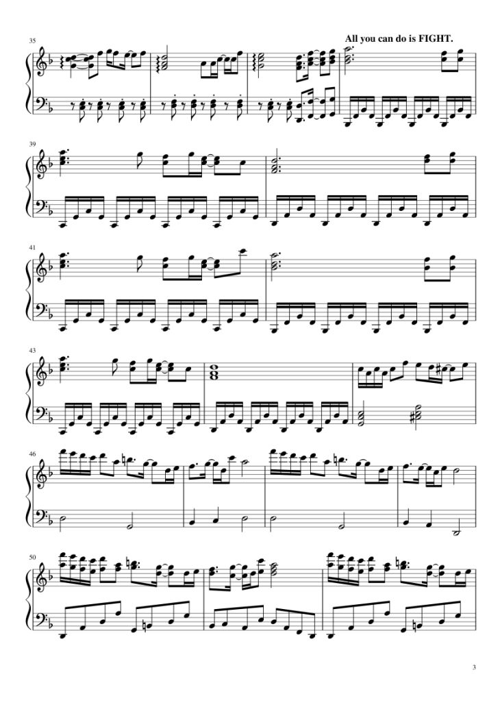 Page 3 of the piano sheet music PDF Piano – Bergentrückung & ASGORE Piano by Toby Fox