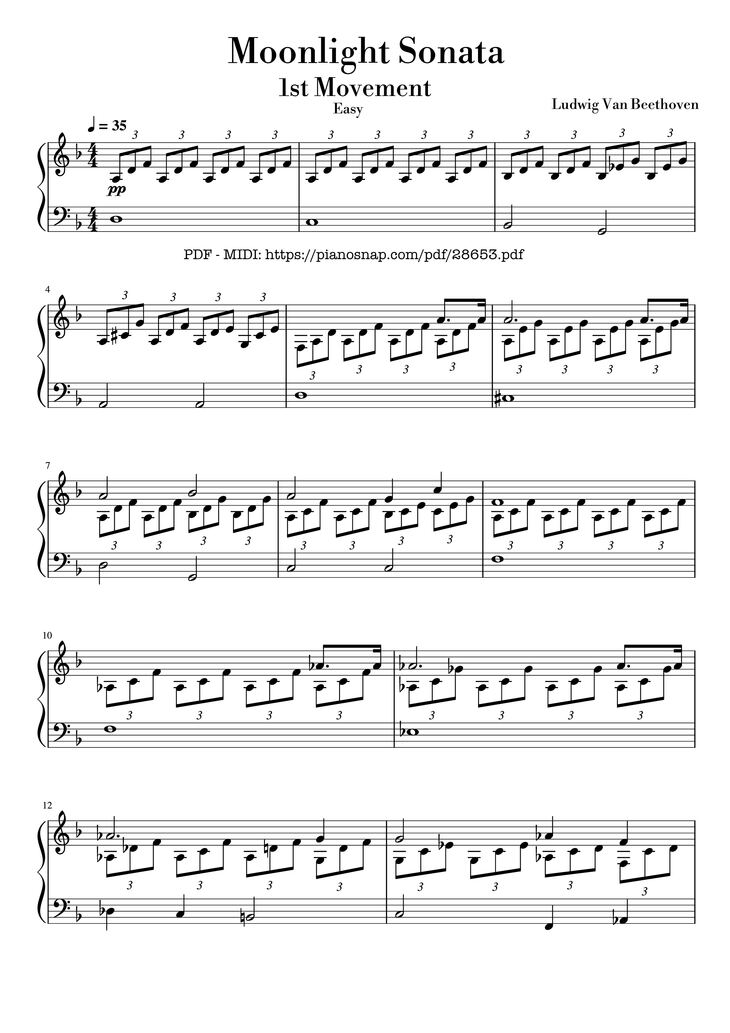 Page 1 of the piano sheet music PDF Piano – Moonlight Sonata 1st Movement Piano (Easy ver.) by Ludwig Van Beethoven