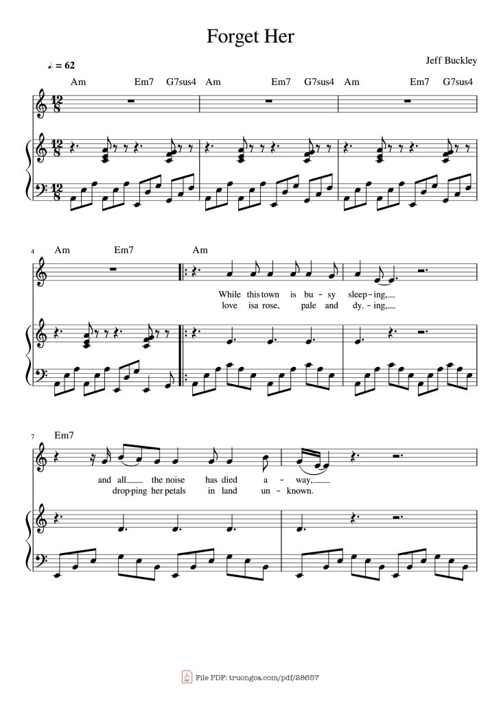 Page 1 of the piano sheet music PDF Piano – Forget Her Piano by Jeff Buckley
