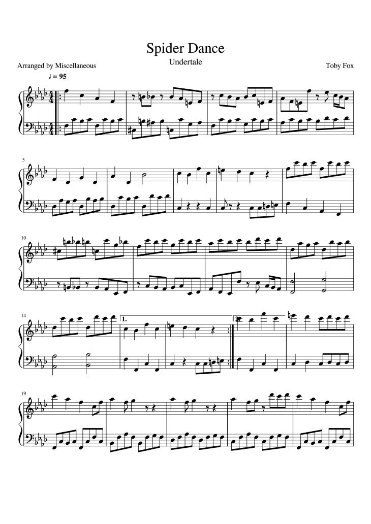 Page 1 of the piano sheet music PDF Piano – Spider Dance Piano by Toby Fox