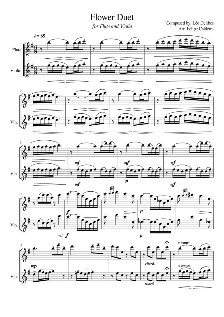 Page 1 of the piano sheet music PDF – Flower Duet Violin by Composed by: Léo Delibes Arr. Felipe Caldeira