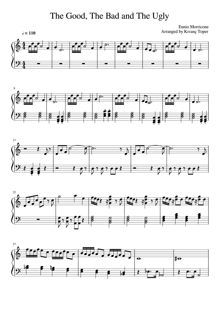 Page 1 of the piano sheet music PDF Piano – The Good, The Bad and The Ugly Piano by Ennio Morricone