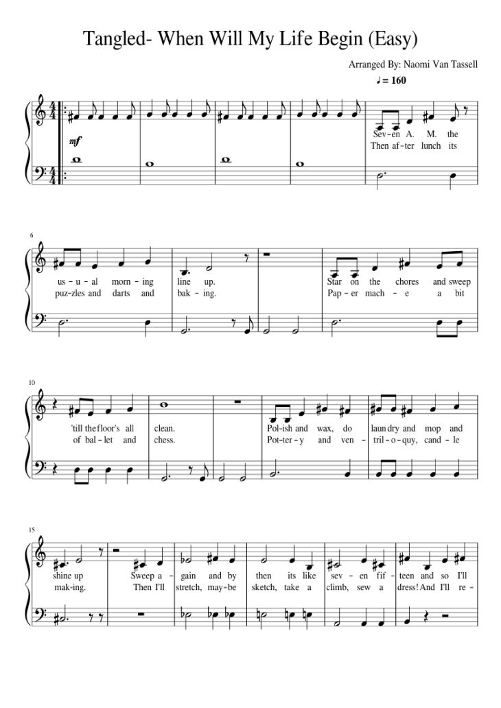 Page 1 of the piano sheet music PDF – Tangled- When Will My Life Begin (Easy) Piano by Arranged By: Naomi Van Tassell