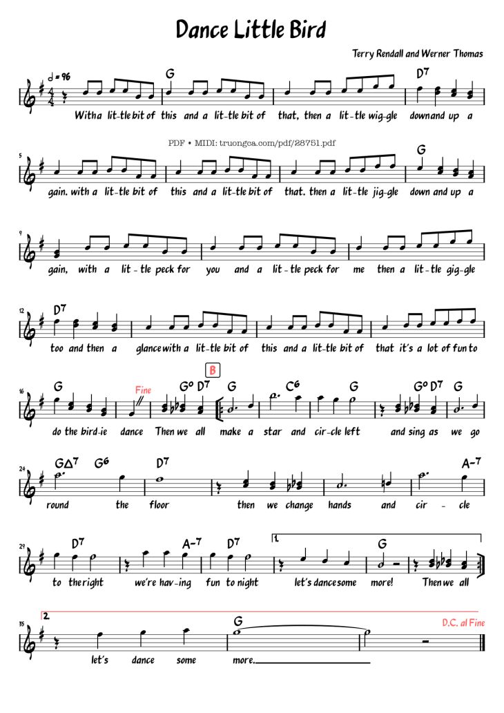 Page 1 of the piano sheet music PDF – Dance Little Bird by Terry Rendall