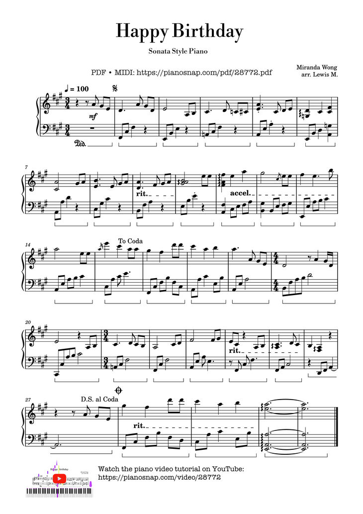 Page 1 of the piano sheet music PDF Piano – Happy Birthday - Sonata Style Piano by Miranda Wong