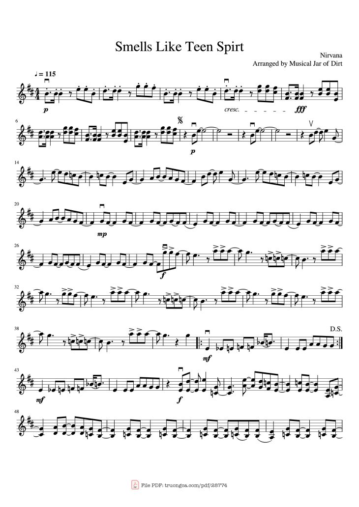 Page 1 of the piano sheet music PDF – Smells Like Teen Spirt Violin by Nirvana Arranged by Musical Jar of Dirt