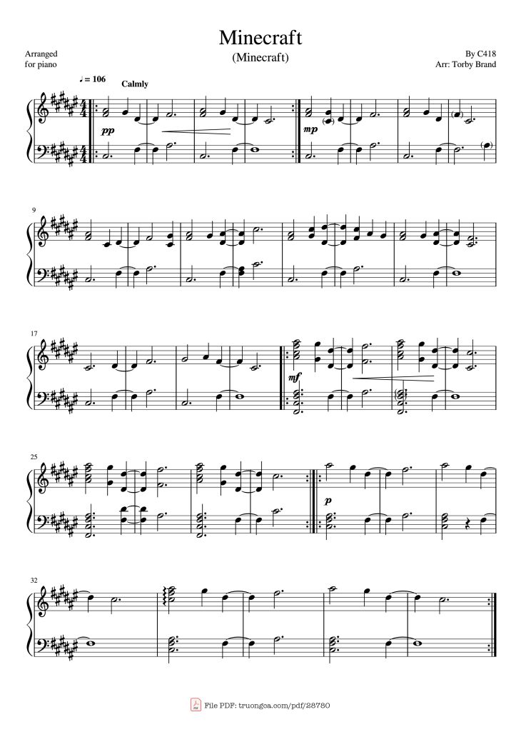 Page 1 of the piano sheet music PDF Piano – Minecraft Piano by C418